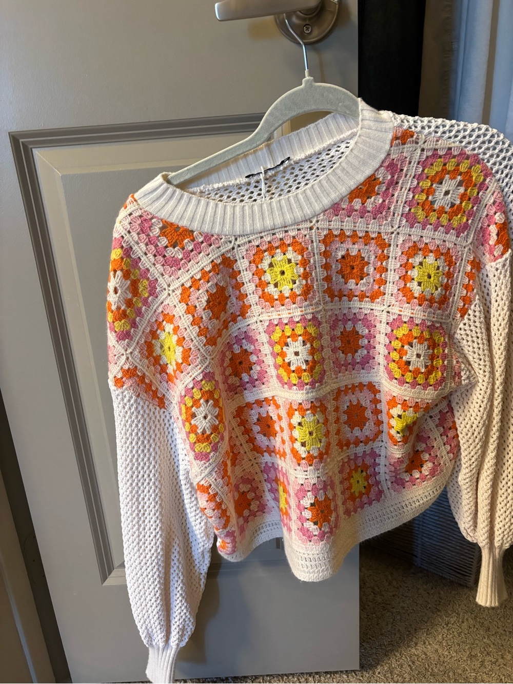 Zara White Crochet Sweater with Pink, Orange & Yellow Squares